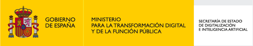 Logotipo oficial del Gobierno de España sobre fondo amarillo y gris, distintivo del Ministerio para la Transformación Digital.