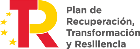 Logo con una gran "R" en rojo y amarillo y tres estrellas doradas, junto al texto "Plan de Recuperación, Transformación y Resiliencia".