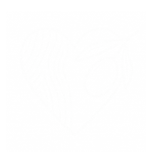 Delicado dibujo lineal blanco de un corazón con formas de aguacate y hojas, sobre fondo gris claro. Ideal para joyería artesanal.