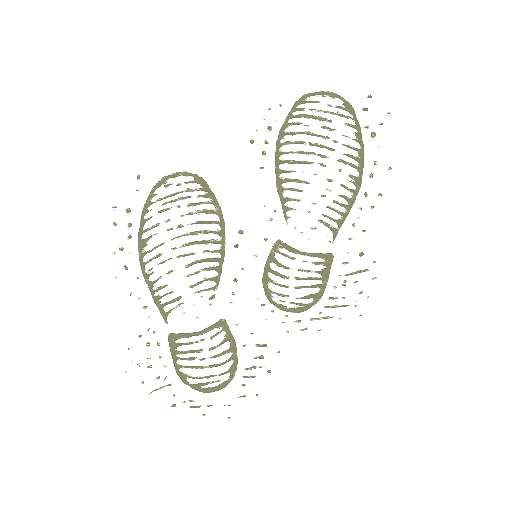 Dos huellas de zapatos en diagonal sobre fondo claro, con líneas y puntos que evocan suavemente pasos y movimiento.